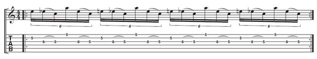 Example 2 - Lick 3: Paul gradually adds more to the lick by putting both parts together. Concentrate on keeping that repeating triplet feel throughout. At first, play at a slow speed to ensure each note sounds clearly.